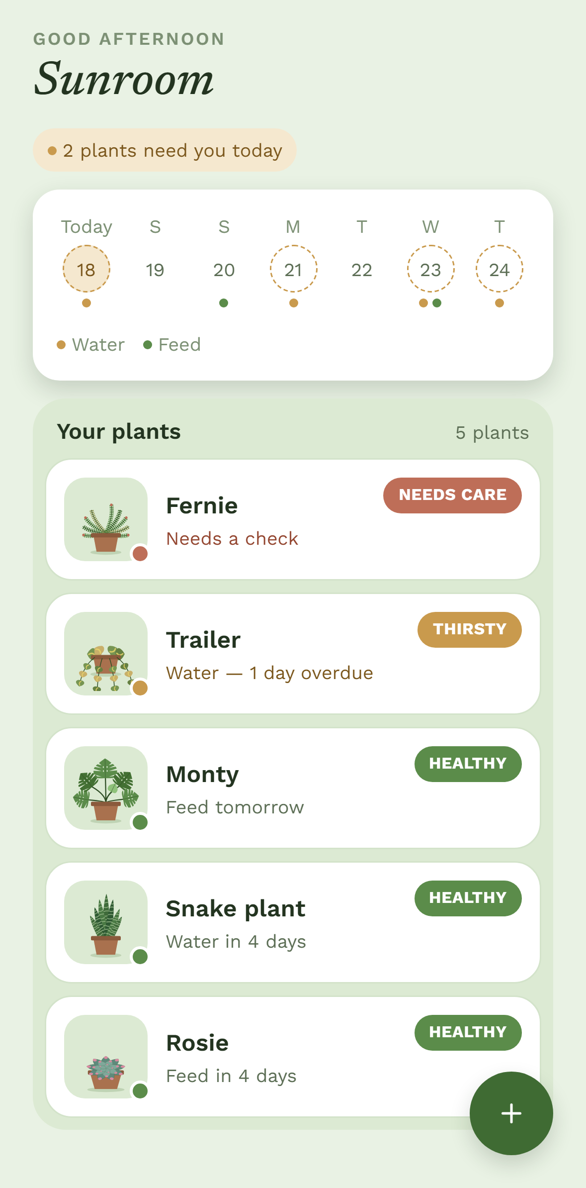 Sunroom’s Home screen: a week of watering days and five plants, each with a little sprite and its status.