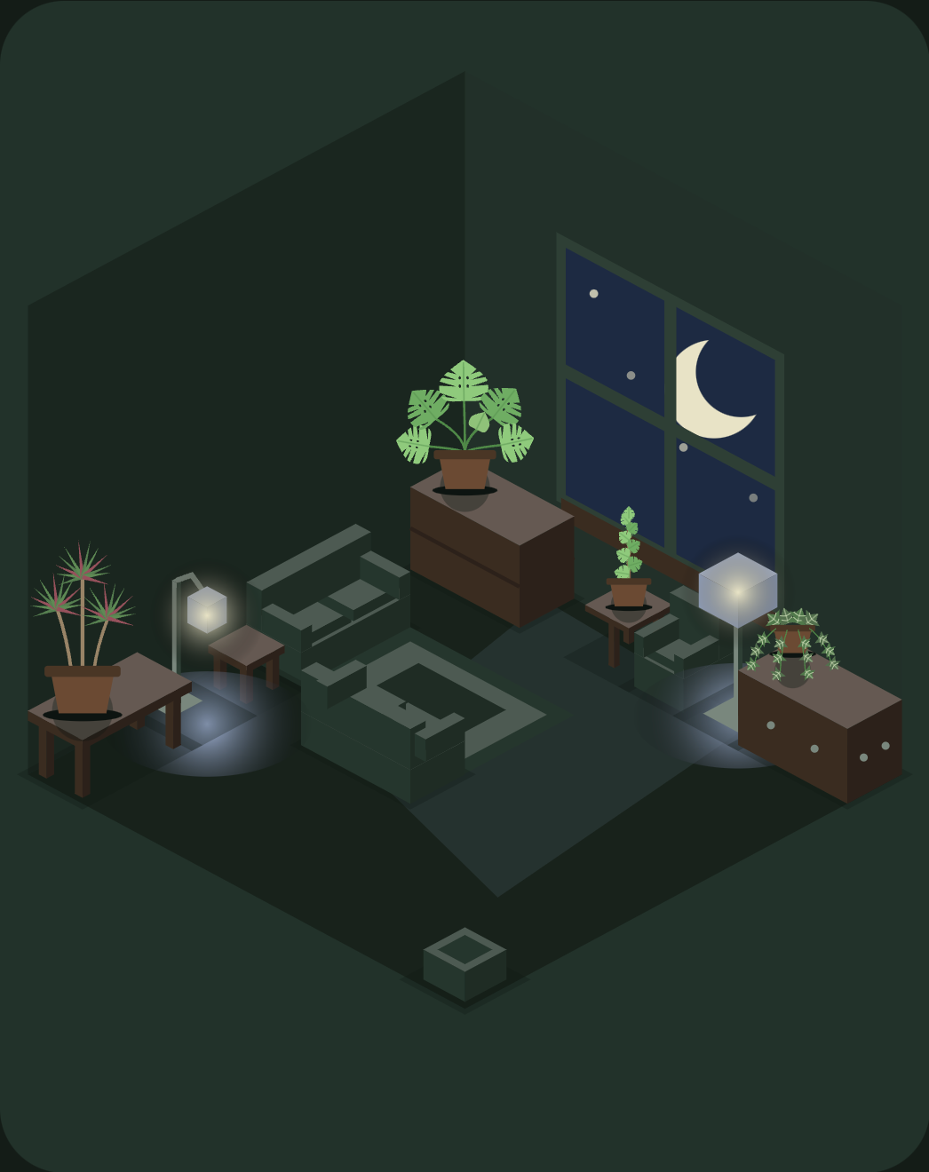 A Sunroom room at night: a monstera on a dresser, a dracaena on a side table, a trailing plant by the window and lamps glowing beside the sofa.